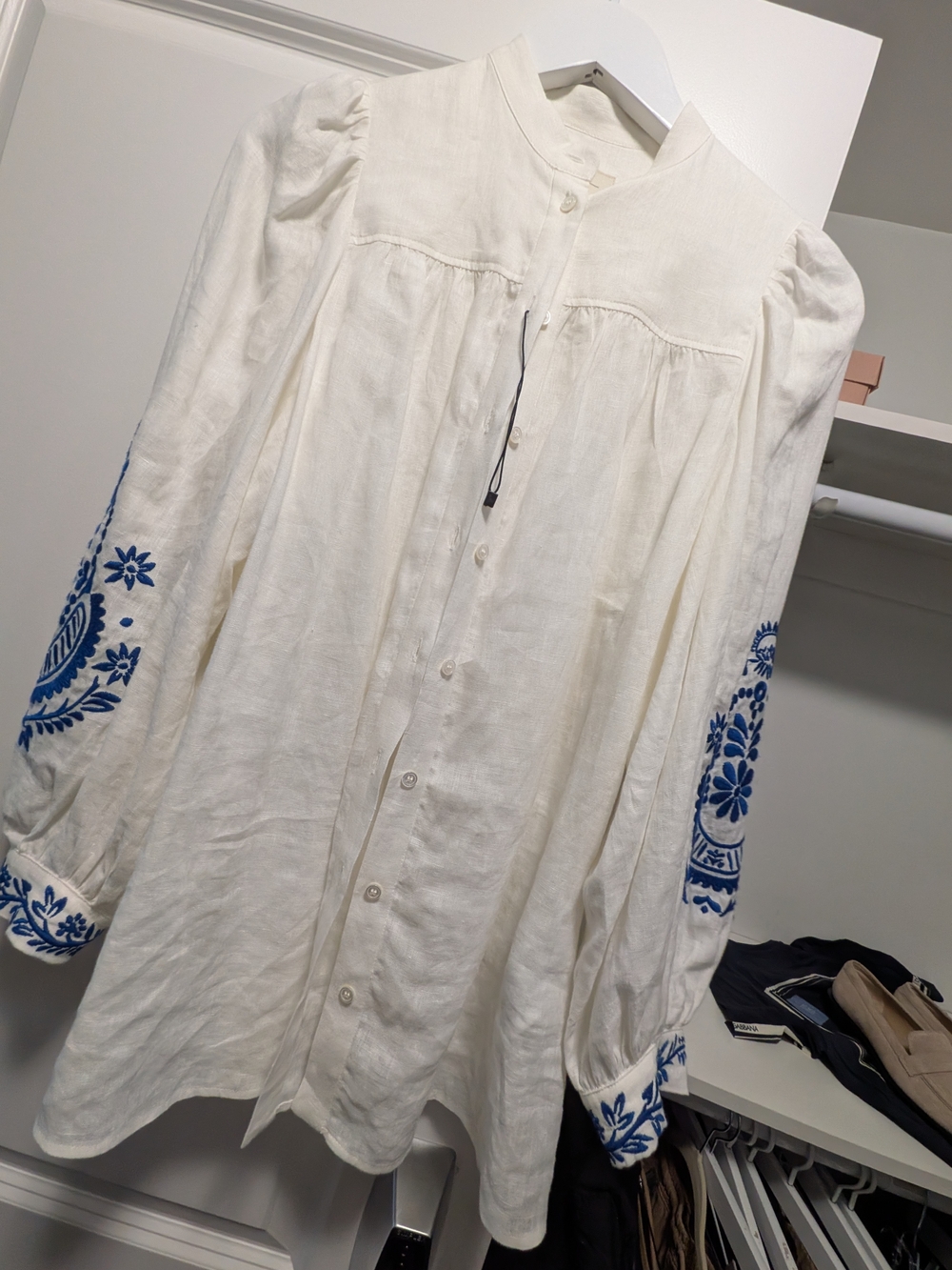 MaxMara Cream Button-Front Tunic with Blue Embroidered Sleeves